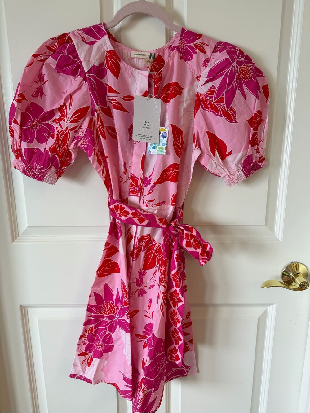 Maude Vivante Skyla Neon Floral Puff-Sleeve Mini Dress - Pink